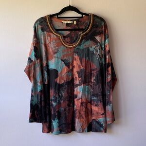 SOFT SURROUNDINGS Multicolor Long Sleeve Shirt Blouse Beaded Neckline Size Large